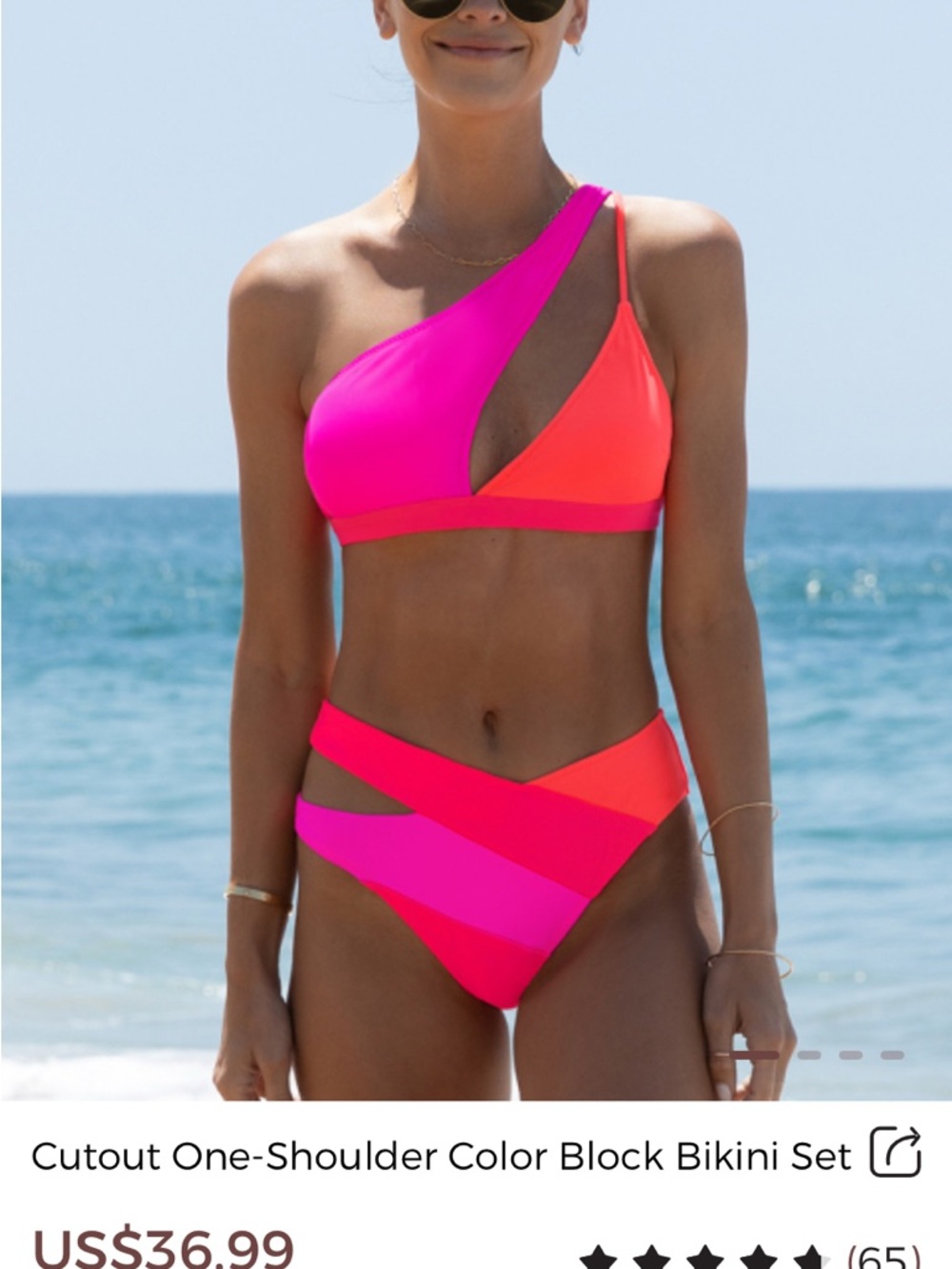 One-Shoulder Colorblock Bikini Set in Hot Pink & Neon Orange